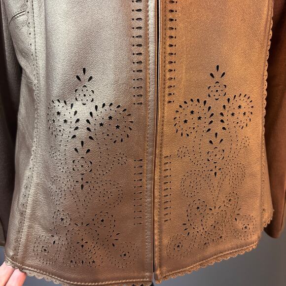 Nygard Collection Leather Jacket Bronze Laser Cut Zip Up Womens Large Petite - Picture 6 of 9